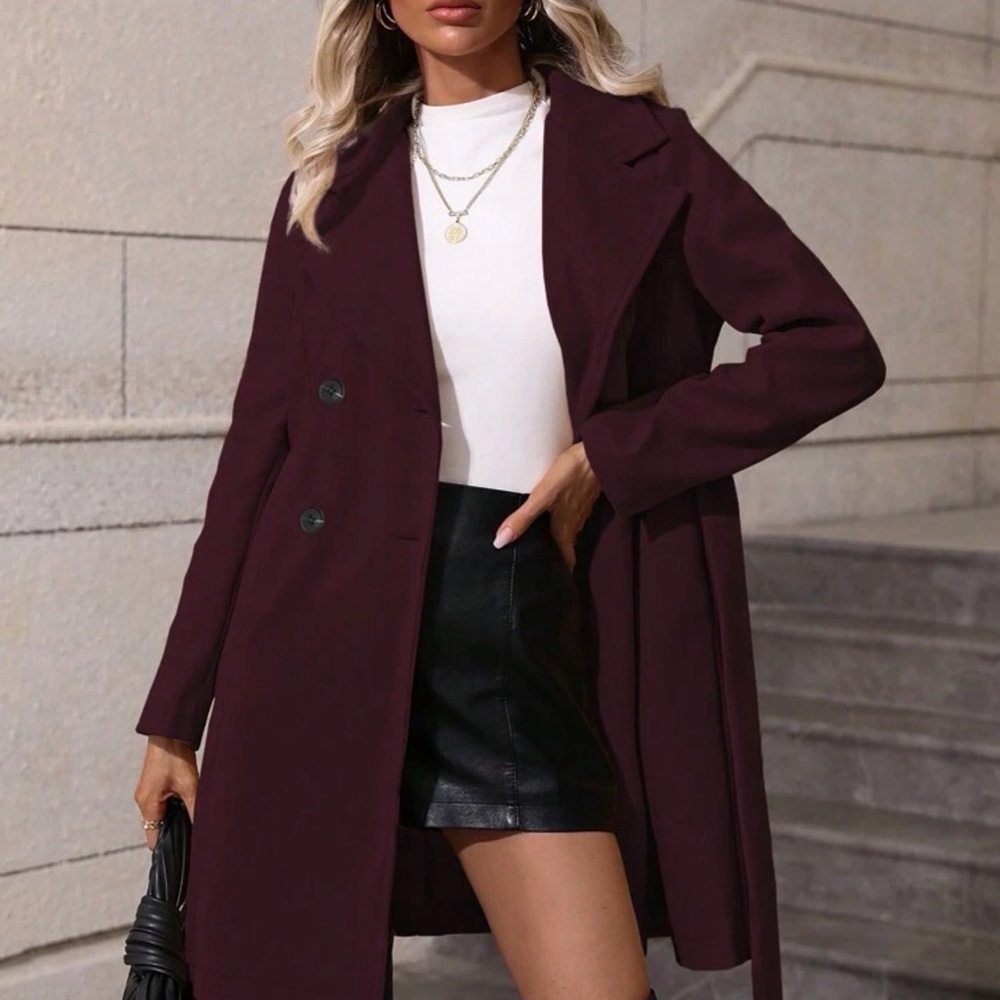 Women's Double-Breasted Long Coat - Burgundy Size Medium